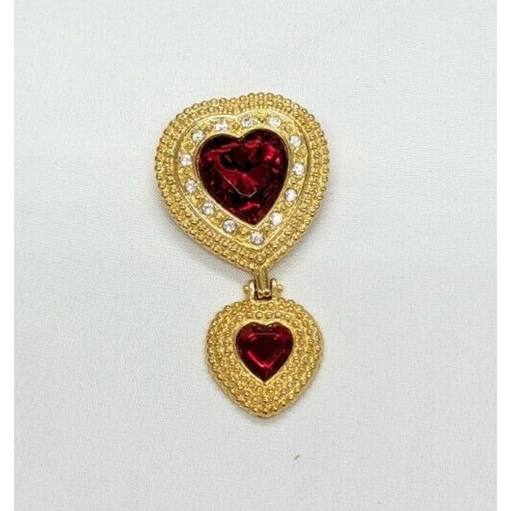 Victoria Secrets Signed Golden Double Heart Red & Clear Crystal Dangle Pin